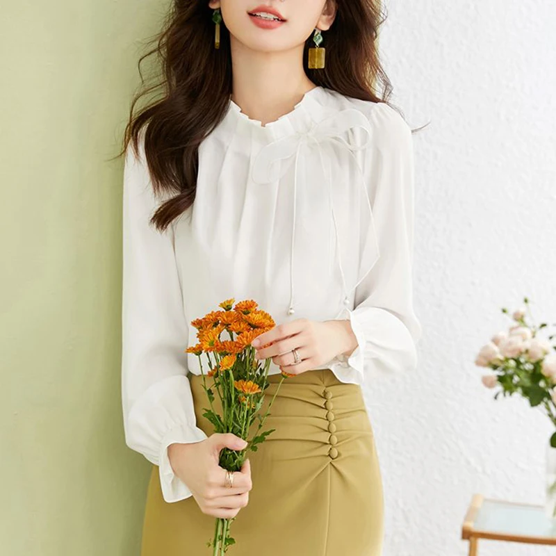 Women Chiffon Shirt Korean Solid Elegant Bow Lace Up Female Blouse Spring New Fashion Flare Long Sleeve Chic Ladies Tops