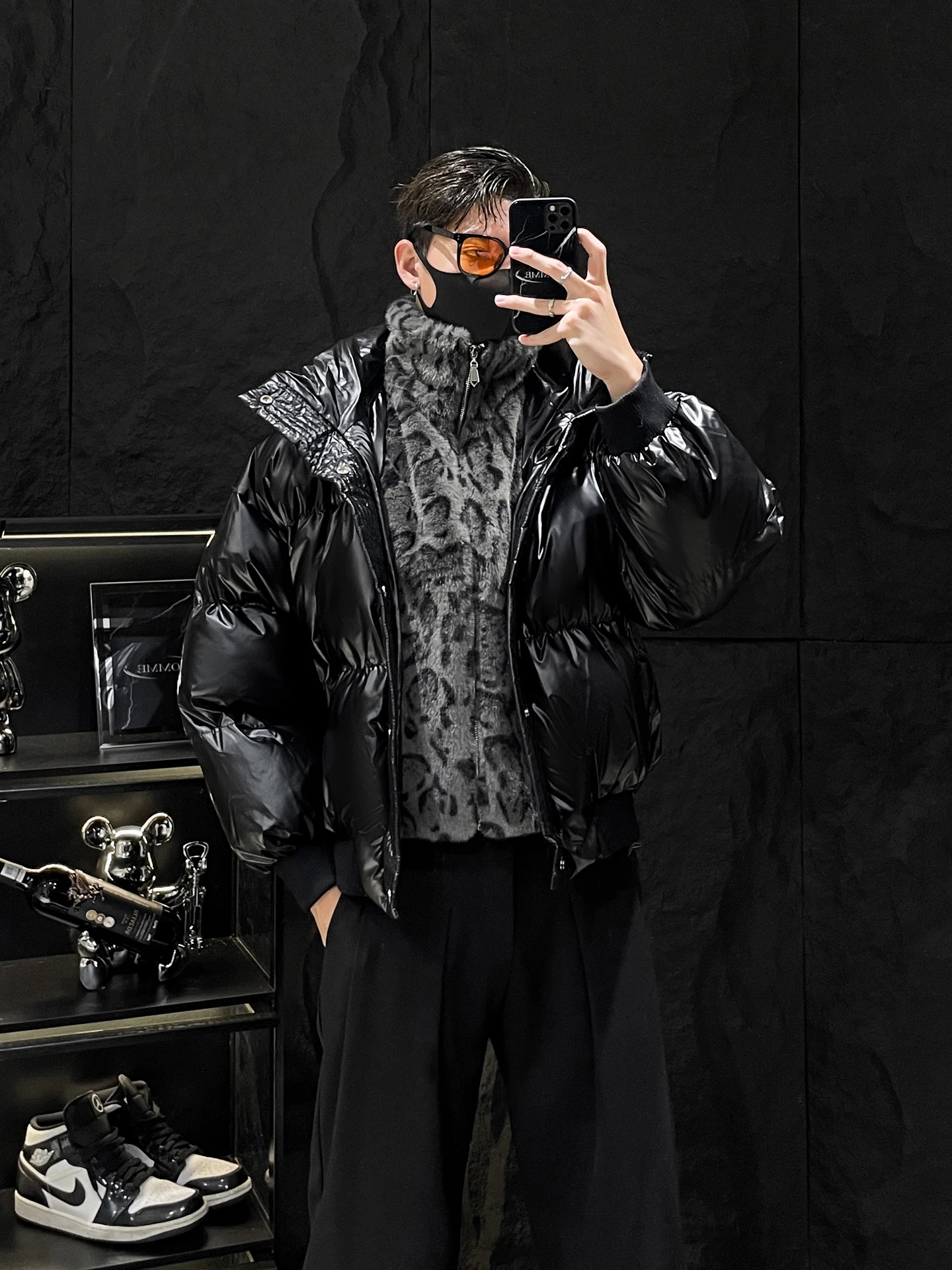 

HOMME Мужская теплая хлопковая верхняя одежда из двух предметов с леопардовым принтом, молодежная мода, прямой подол, молния...