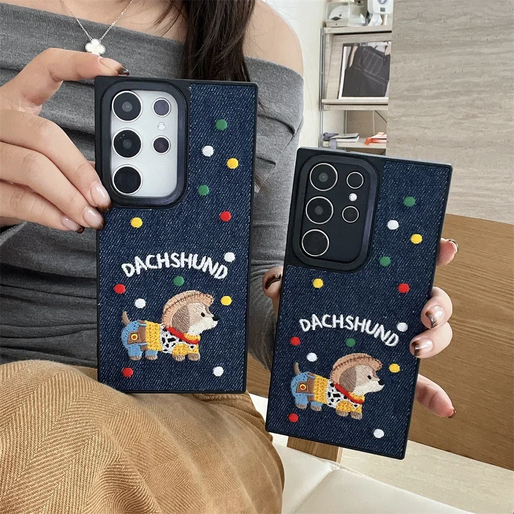 

for Samsung Galaxy S25 Ultra S24 S23 S22 S21 S20 Plus Ultra Colorful Embroidered Dog Phone Case Cartoon Shockproof Denim Cover