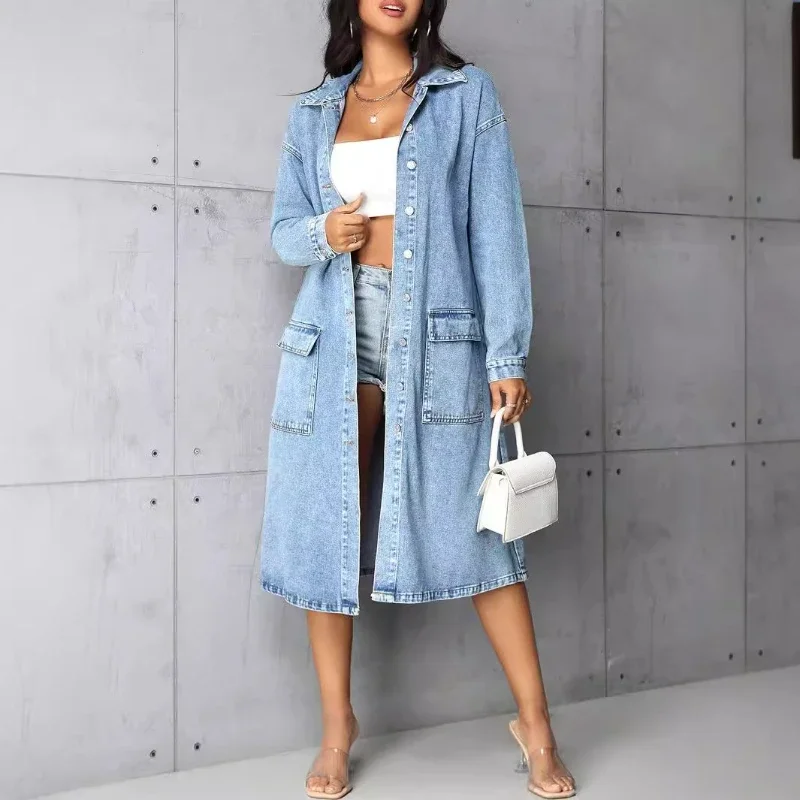 

Autumn Cotton Retro Long Women Denim Jacket Spicy Girl Outfit Straight Tube Loose Fitting Slimming Mid Length Denim Trench Coat