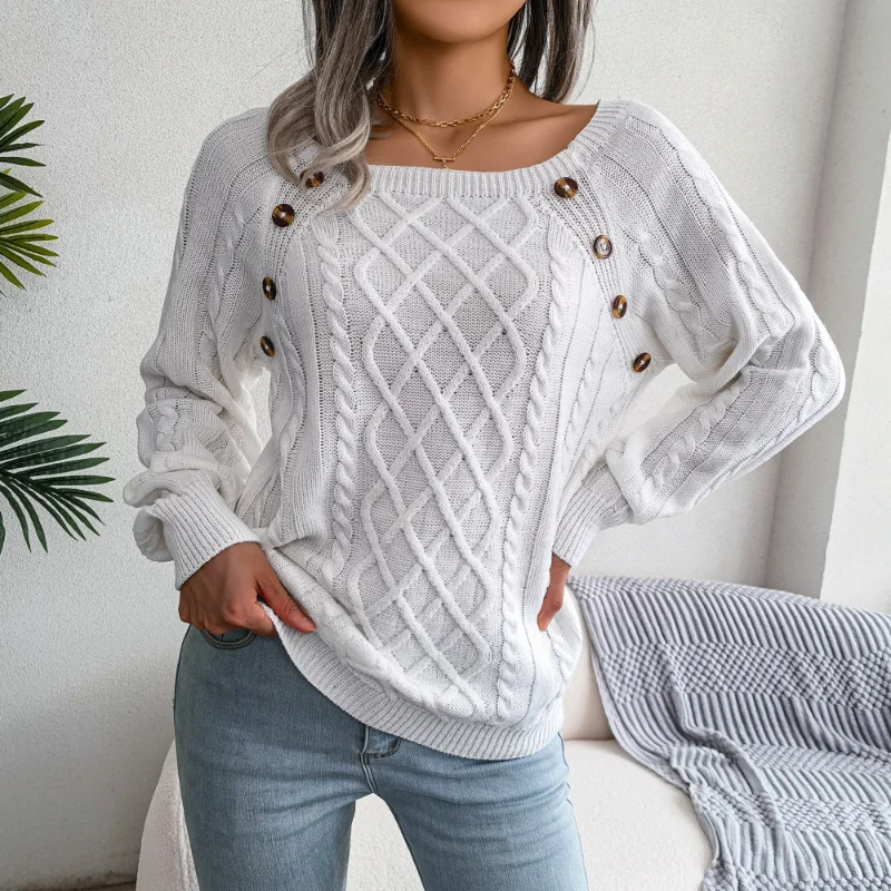 Autumn and Winter 2023 New Casual Square Neck Raglan Sleeve Geometric Casual Basics Office Lady Knitting Female Pullover Sweater