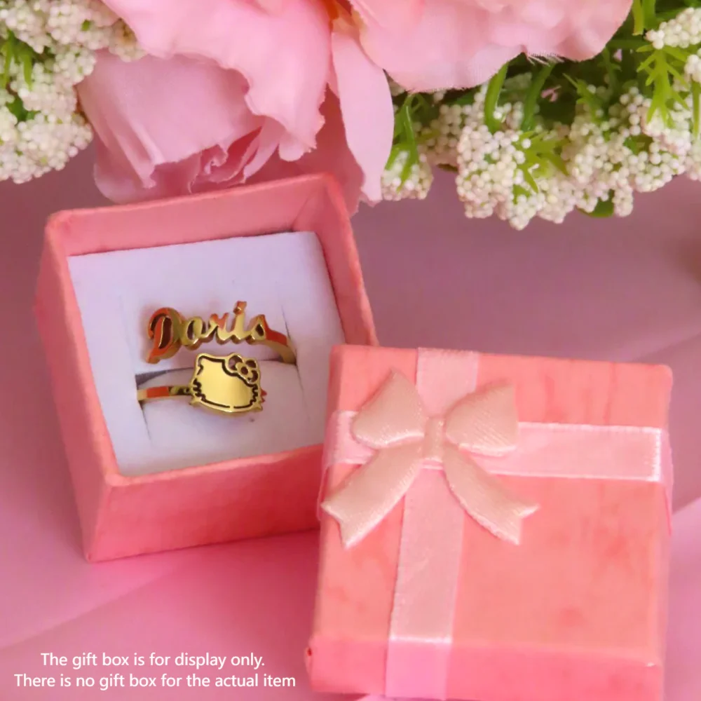 Custom Kuromi Hello Kitty Name Rings For Women Personalized Stainless Steel Cartoon Cat Open Ring Custom Letter Girls Jewelry