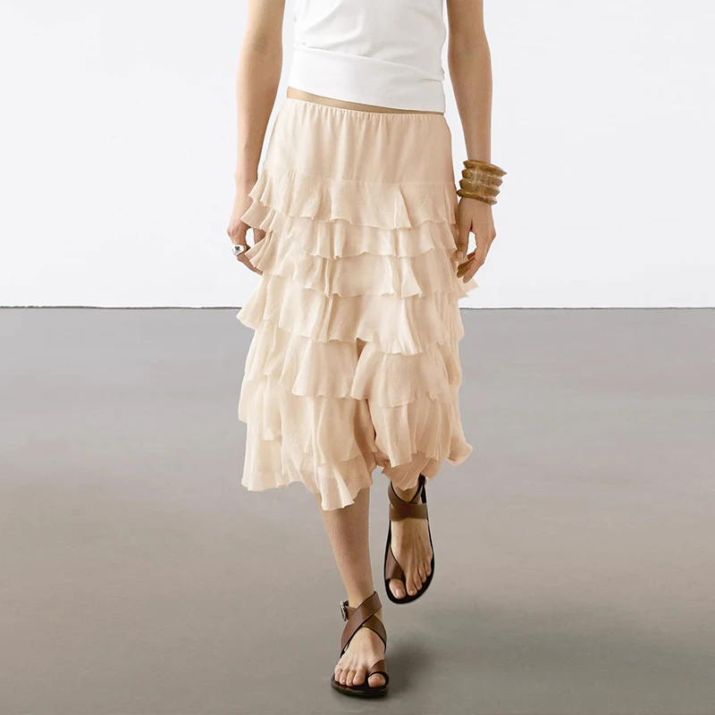 

Princ Sle f Skirt with Lace Trim Sweet Cake Skirt Mid-Length Pure Color Polyester Fiber 2025 Summer New Women's Faion