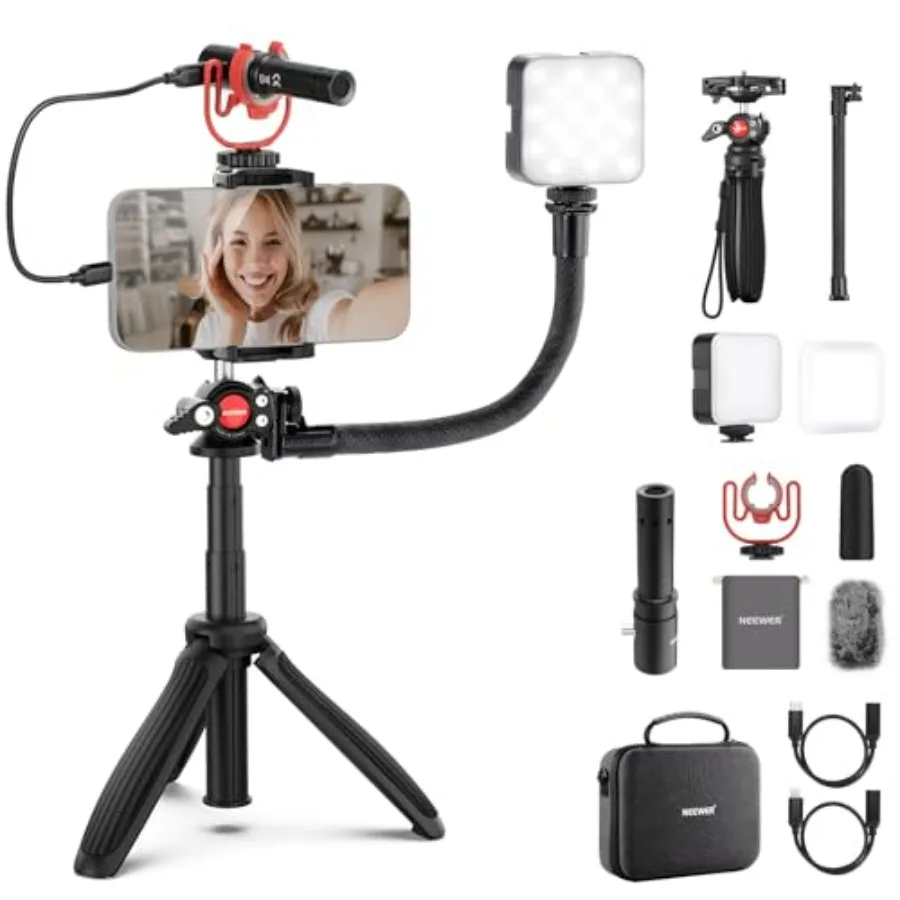Phone Vlogging Kit Content Creator Essentials for YouTube with LED Light Selfie Stick Travel Tripod Flexible Soft Tube USB C Ca