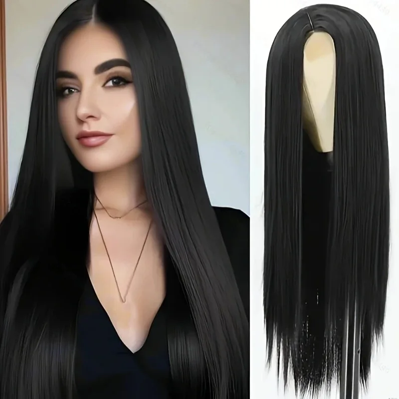 شعر مستعار طبيعي كامل للنساء لتغطية الرأس بالكامل، شعر طويل على الموضة الأوروبية والأمريكية، شعر طويل أسود مستقيم، فراق متوسط #2