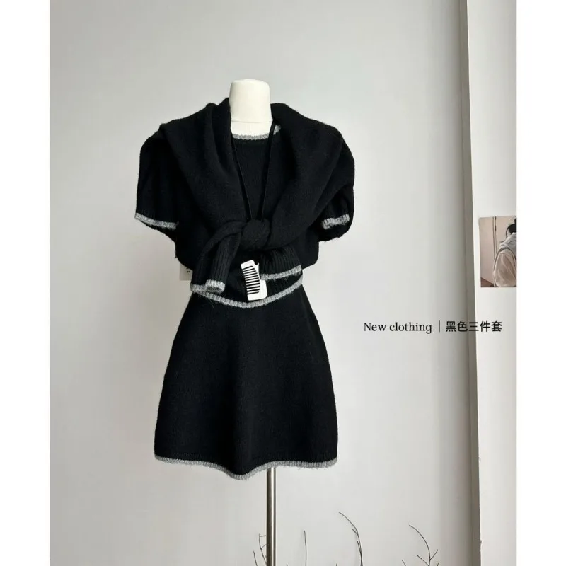 

Осенний новый свитер, вязаный костюм, женский кардиган с круглым вырезом и длинными рукавами, нижняя юбка с короткими рукавами, комплект из трех предметов