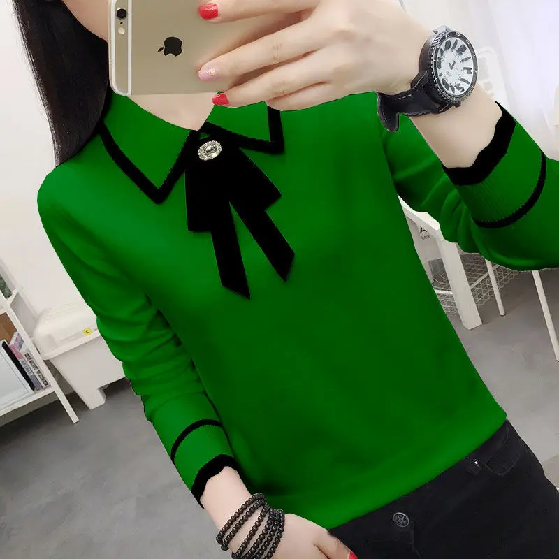 Fashion Peter Pan Collar Spliced Lace Up Bow Knitted Blouse Female Clothing 2022 Autumn New Casual Pullovers Loose Sweet Shirt