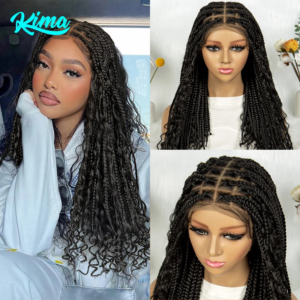 Synthetic Lace Front Wig curly hair Braided Wigs with Curly End Lace Frontal Box Braids Wigs for Black Women  with Baby Hair