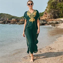 Short Sleeve Kaftan Dress for Women Loose V Neck Embroidery Bikini Cover Up Plus Size