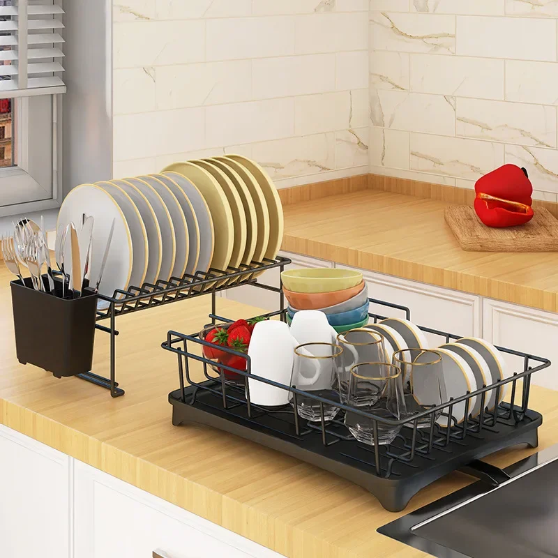 

1/2 Tier Dish Drying Rack Adjustable Kitchen Plates Organizer with Drainboard Over Sink Countertop Cutlery Storage Holder