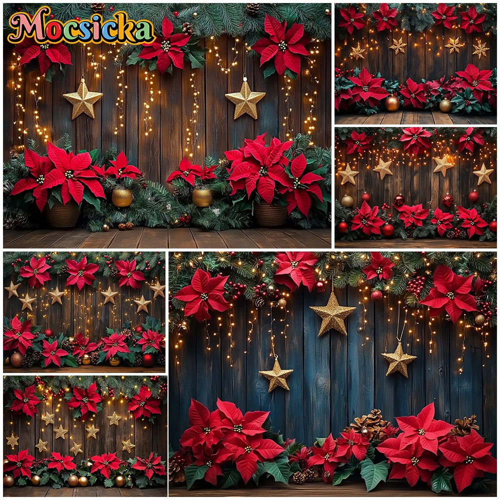 

Mocsicka New Year Party Background Christmas Red Flowers Green Leaves Decorations Birthday Photography Backdrop Studio Wallpaper