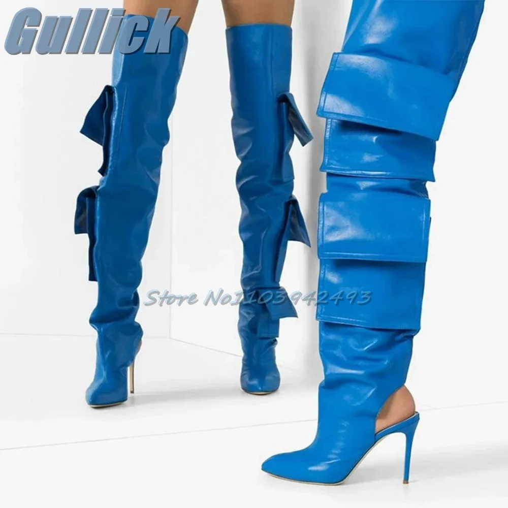 

Синие босоножки на каблуке с несколькими карманами, длинные однотонные женские летние сапоги с острым носком на высоком каблуке, туфли выше колена, дизайнерские сандалии