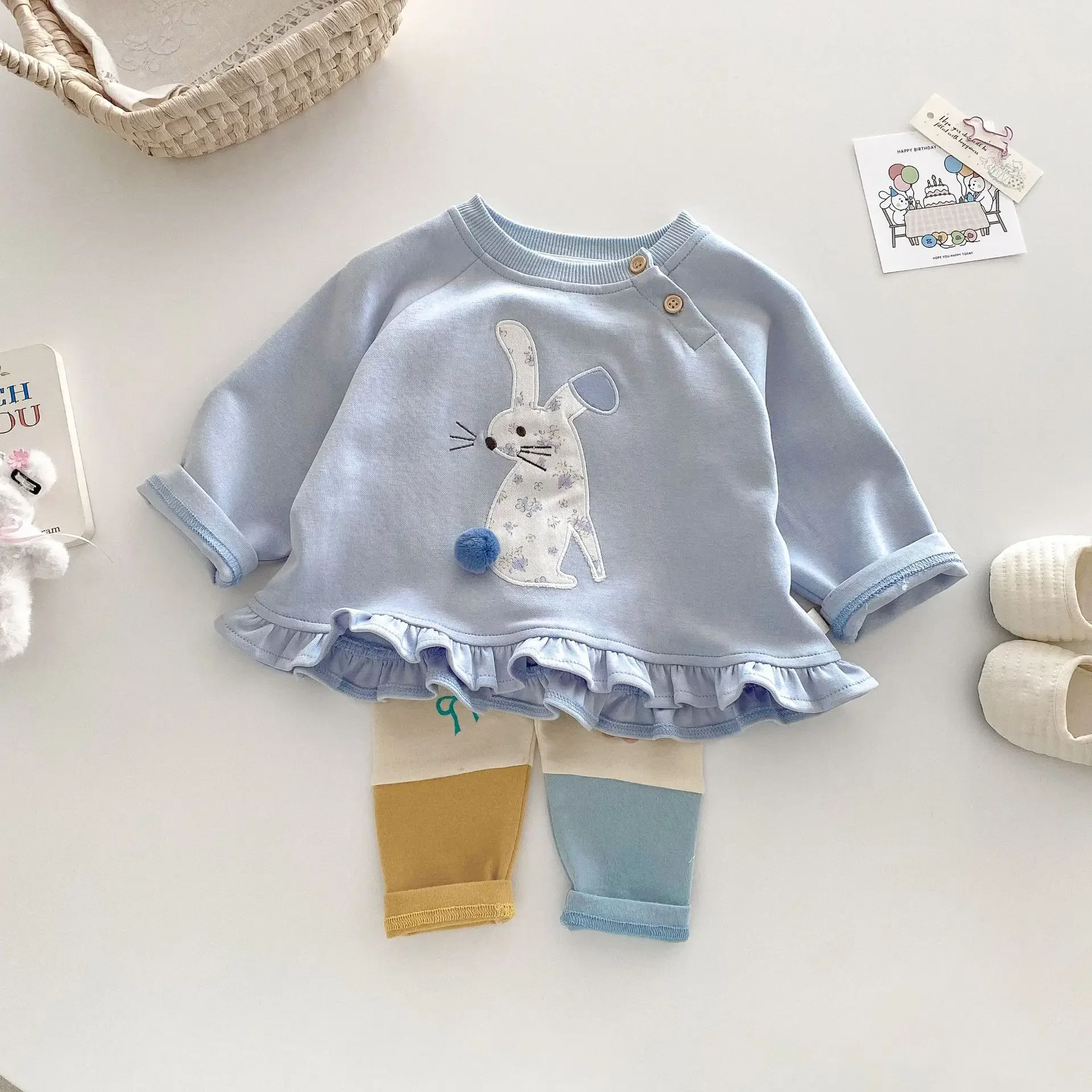 

1-5Y Kids Spring Versatile Casual Soft Ruched Hem Blue T-shirts Baby Girls Rabbit Hoodies Full Sleeve Loose Pullover Tops Shirt