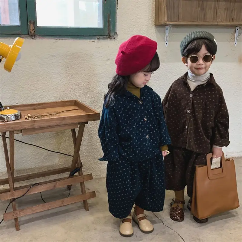 Boys and Girls Spring and Sutumn New Vintage Corduroy Cardigan Jacket Straight Leg Pants Set Baby Stylish Two-piece Set Trendy