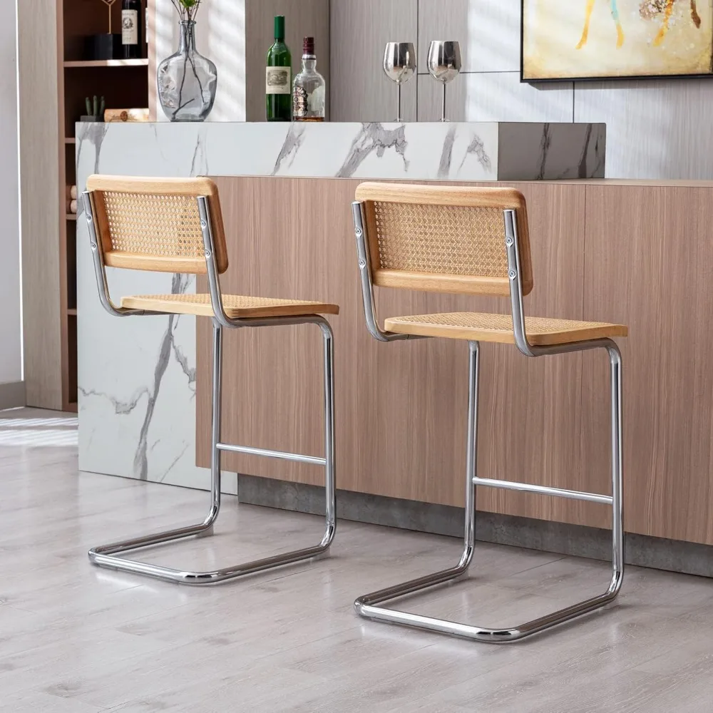 Bangku Tinggi Konter Rotan Alami, Kursi Bar Boho Set 2 dengan Punggung Kayu, Kursi Bar Modern 24 Inci, Tidak Bisa Abad Pertengahan