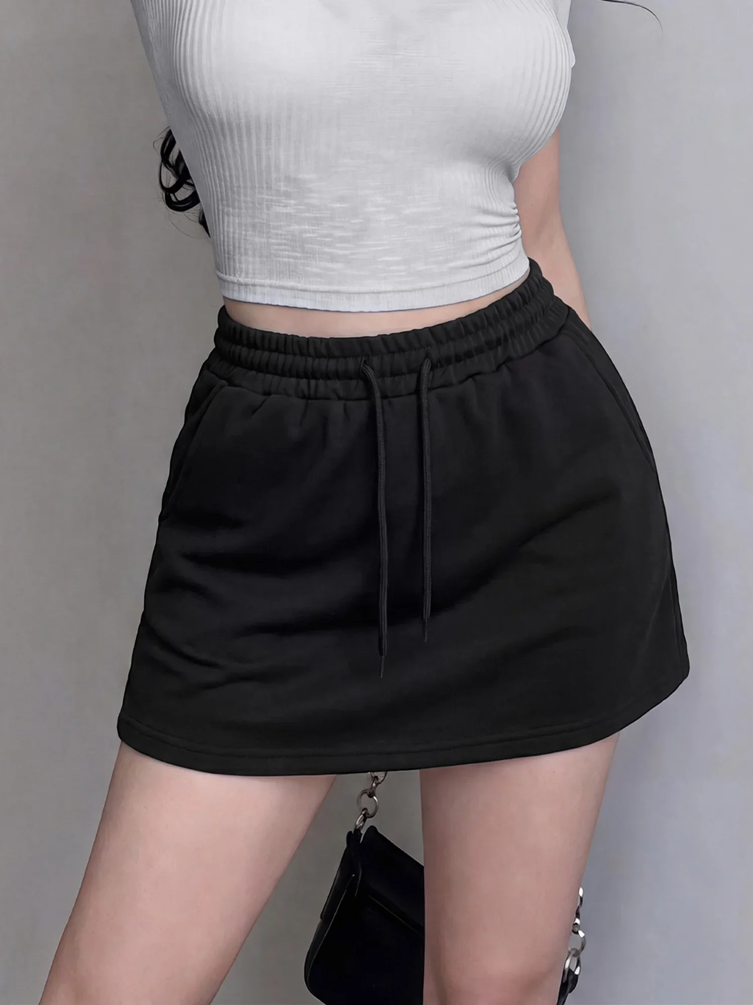 Basic Daily Sweat Workout Mini Skirt Ladies Elastic Drawstring Waist Dual Pockets Black Grey Athleisure Short Skirt