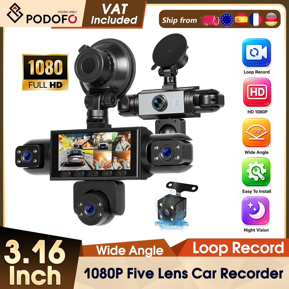 Podofo 3,16-Zoll Dashcam für Autos 4-Kanal Blackbox WLAN-Fahrtkamera FHD 1080P Nachtsicht Endlosaufzeichnung mit Hardwire-Kit Auto-Zubehör mit 5 Hochauflösenden Linsen