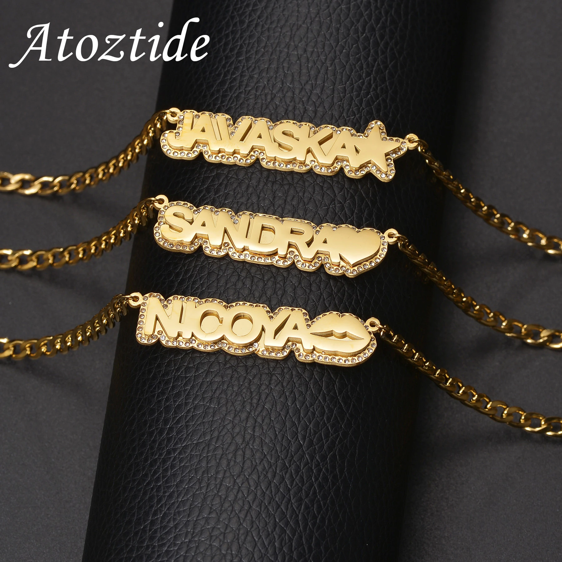 Atoztide Personalized Custom 2 Sides Welding Name Zircon Necklaces for Women Stainless Steel Pendant Link Chain Jewelry Gift