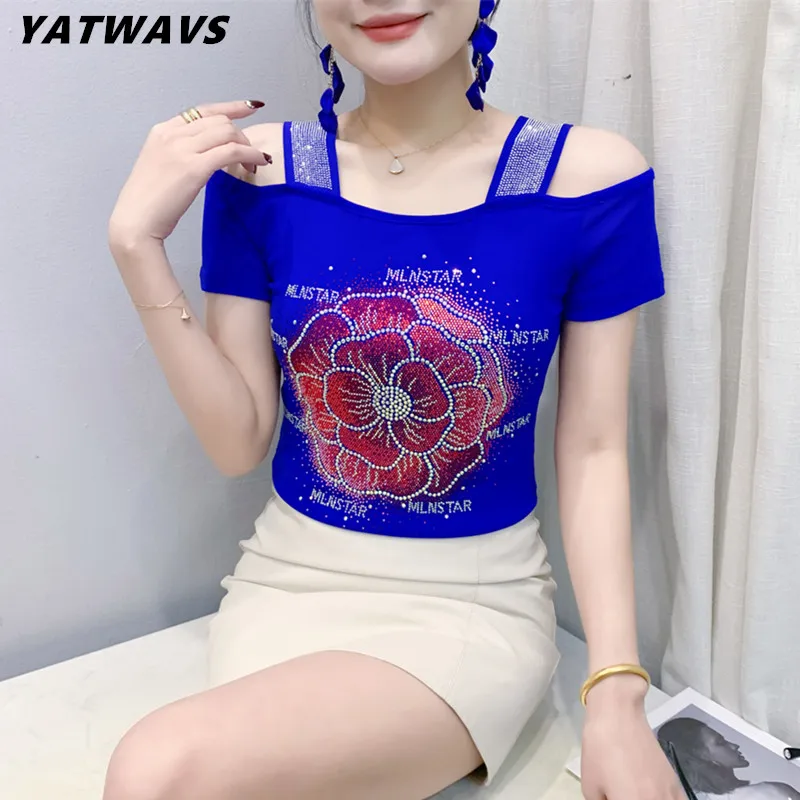 Streetwear Girl Summer T-Shirts New Chic Luxury Hot Diamonds Tops Classic Women's Sexy Off Shoulder Slim Flower Tees Blouse