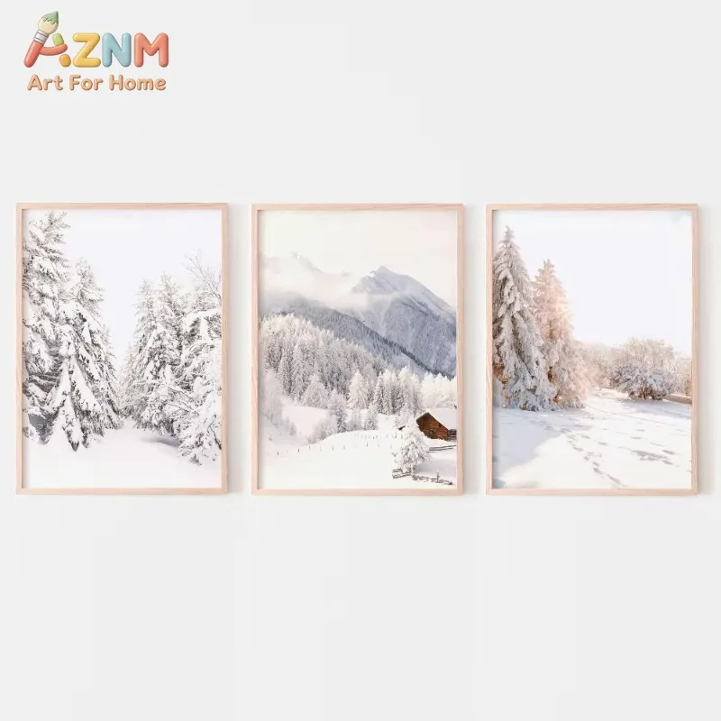3PCS Winter Mountain Snow Canvas Wall Art Snowy Pine Trees Cabin Landscape Farmhouse Christmas Wall Prints Living Room Decor