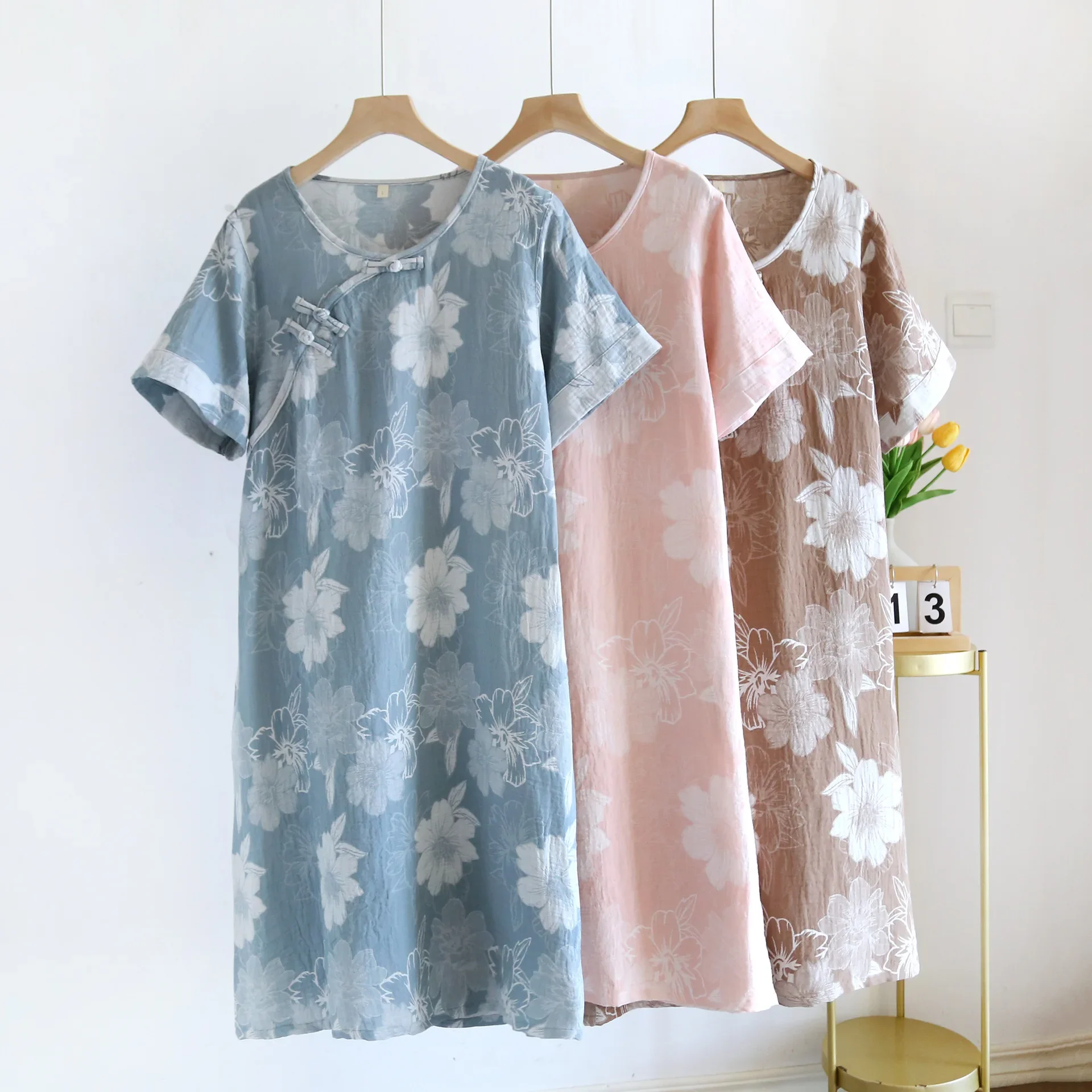 

New Summer Pajamas New Chinese Large Size Pajamas Chinese Style Retro Short Sleeved Skirt Cotton Sleeping Sleepwear Women