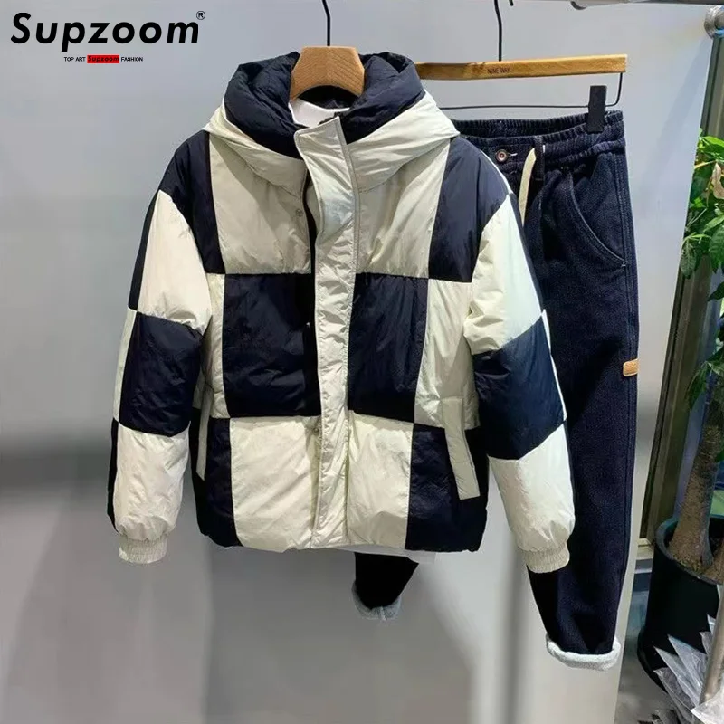 Supzoom New Arrival Top Fashion Casual Mens Winter Trendy Splicing Grid Hooded Bread Suit Couple Cotton-padded Jackets And Coats