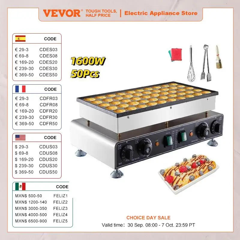 VEVOR Electric Waffle Maker 50PCS Mini Dutch Pancake Maker Dorayaki Machine Waffreras Kitchen Home Appliance Snack Gaufriers