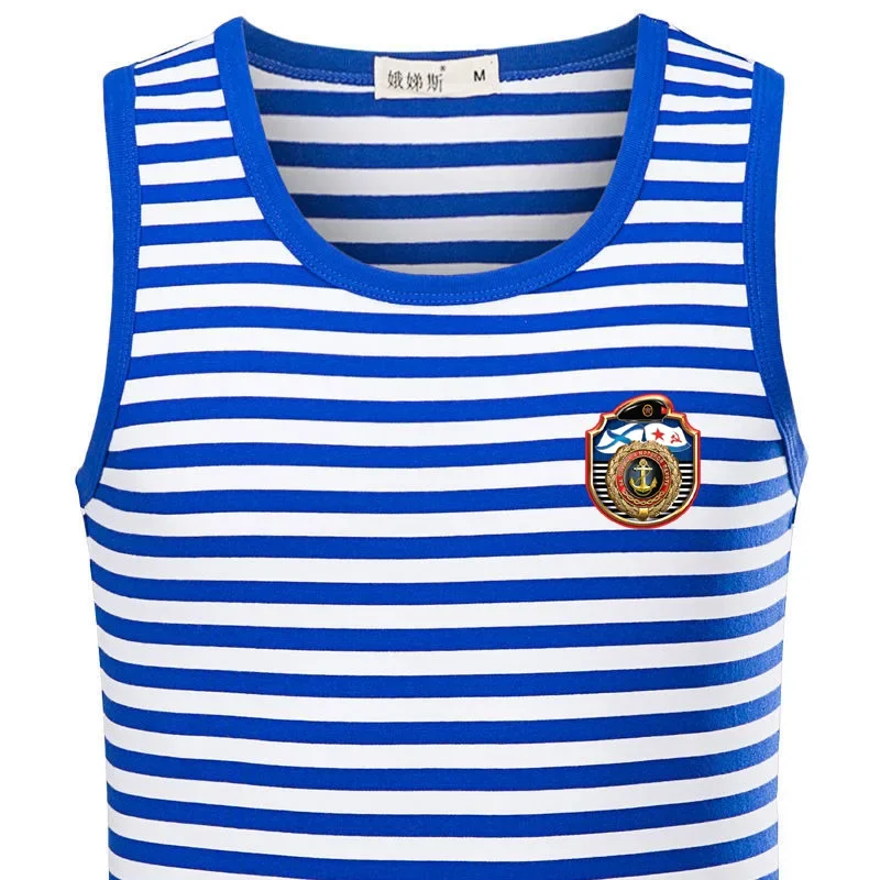 Soviet Russian Marine Corps Badge Military Style Sailor Stripes Vest 100% Cotton O-Neck Mens Striped Tank Top Telnyashka Top