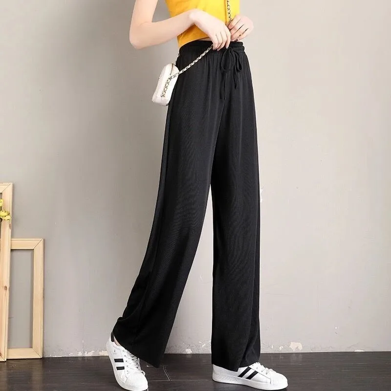 Ice Silk Wide Legged Pants for Women's Summer High Waist  Loose Straight Casual Pants Versatile Lady Drawstring Trousers SA999