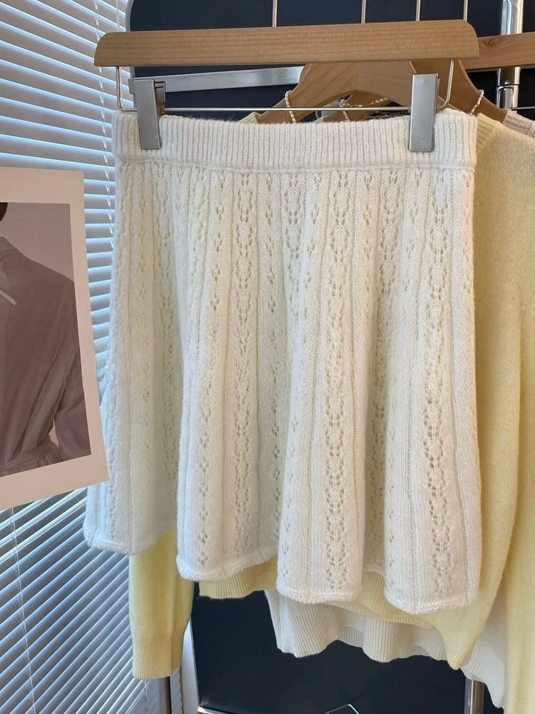 

2025 Early Autumn New Knitted Skirts Elastic Waist Hollow Out Skirt for Women Sweet Simple All-match White Faldas De Mujer