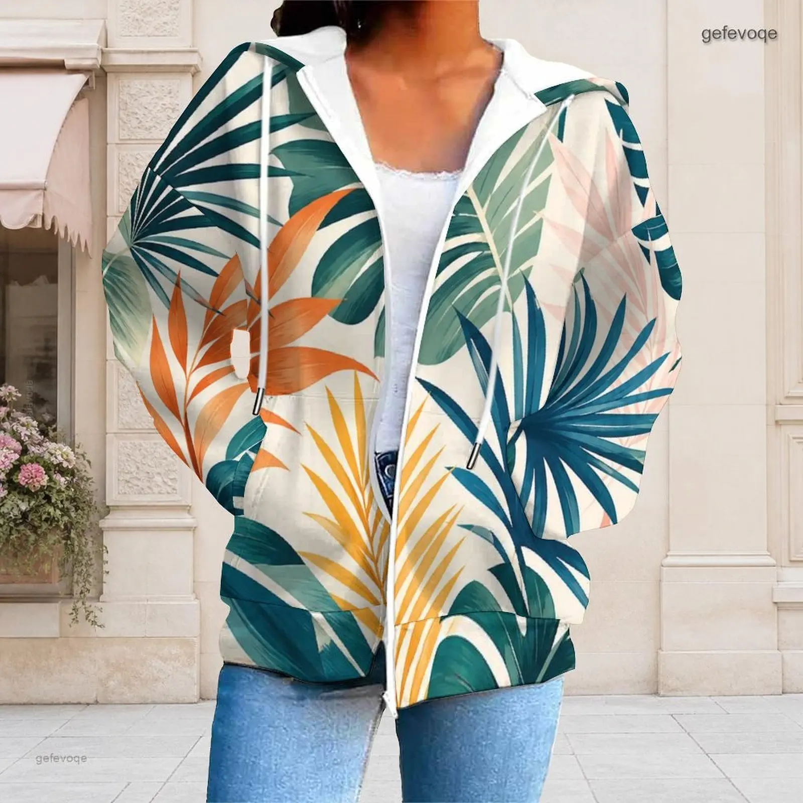 Women Tropical Leaf Printed Zip Up Long Sleeve Hoodie