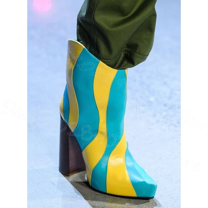 

Blue Yellow Stripe Design Pointed Toe Runway Boots Slip On Women Shoes Chunky High Heels Party Banquet 2024 Zapatos Para Mujere