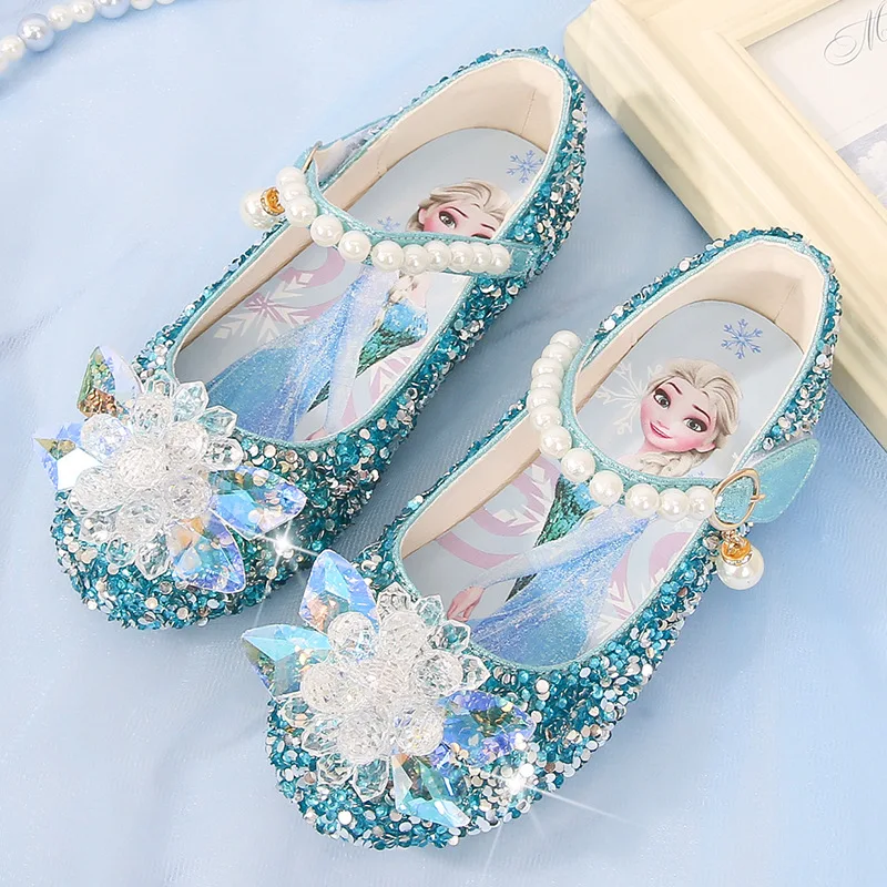 Disney Girl\'s Shoes Frozen Elsa Princess Soft Sole Shoes Summer Children\'s Crystal Pearly Shiny Girls Pink Blue Shoes