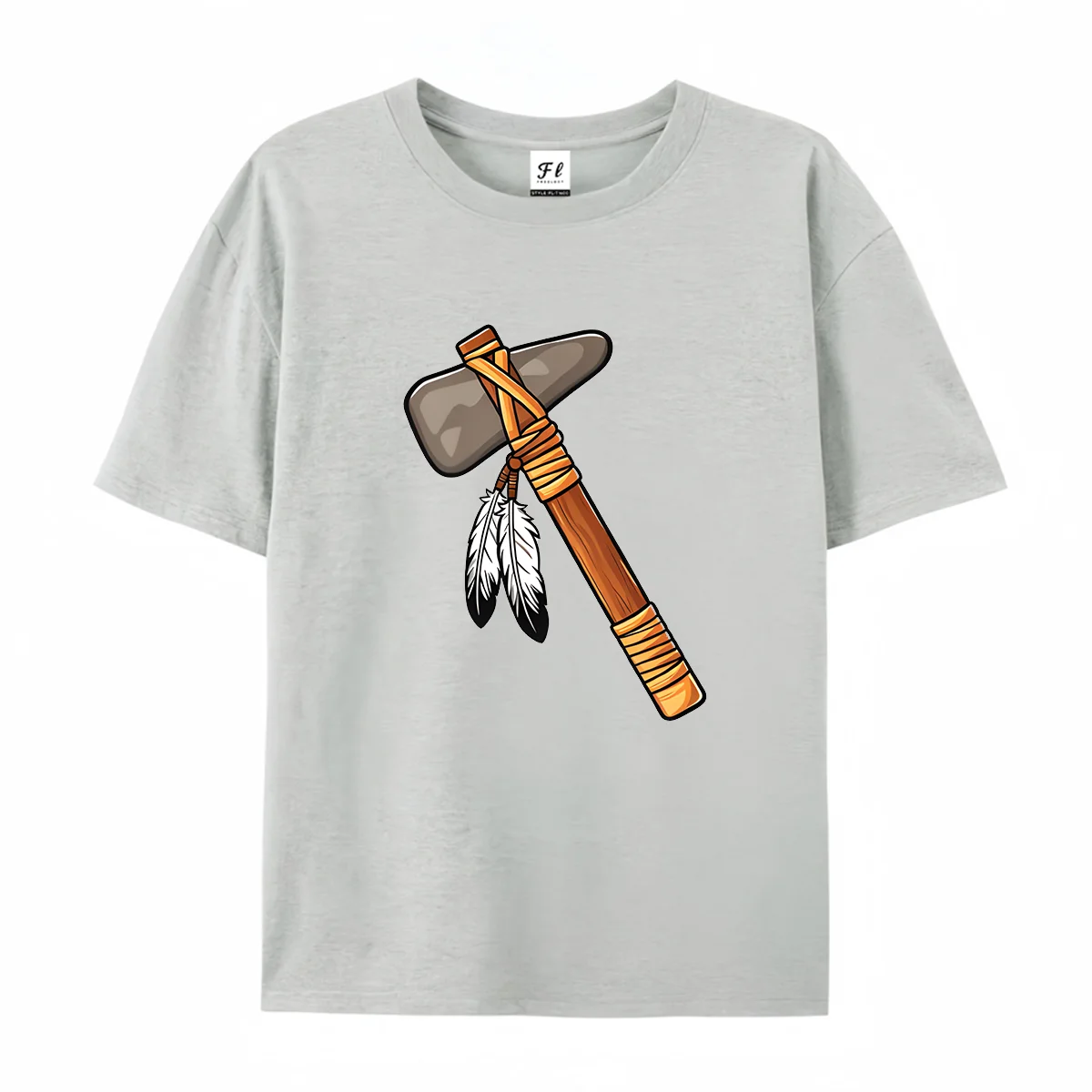Unisex Vintage Tribal Axe Feather Graphic T Shirt Casual Short Sleeve Tee Primitive Culture Cartoon Print Loose Soft Cotton Tops