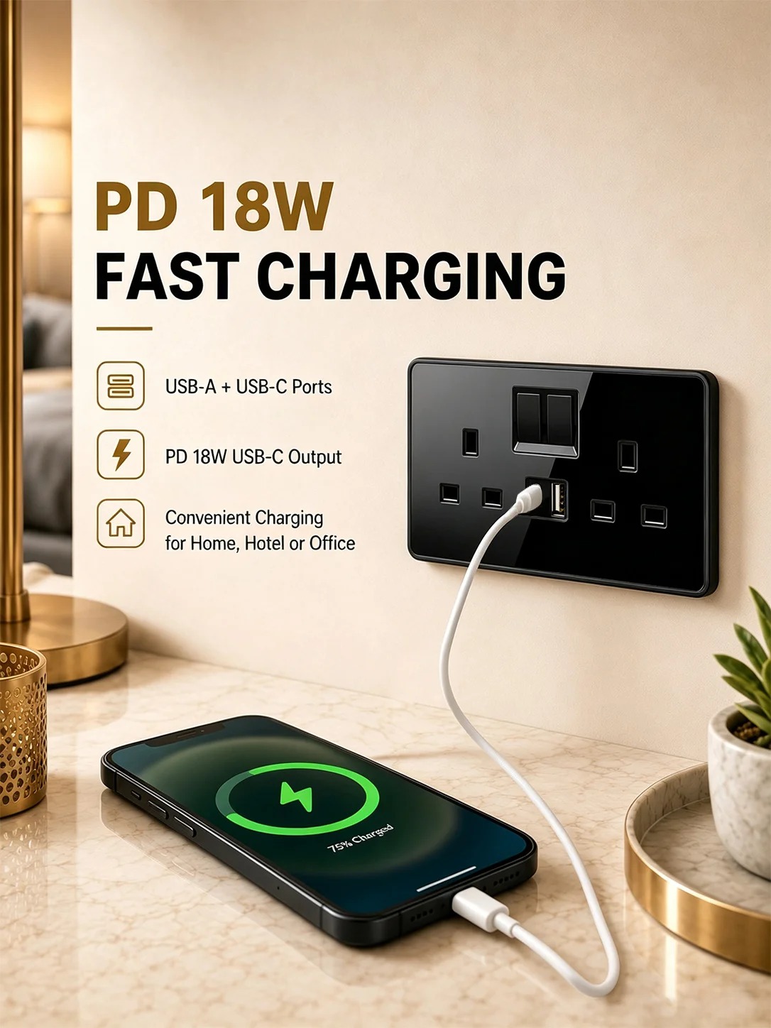Luksusowe wszystkie hartowane szklane światło ścienne przełącznik przycisk czarny UK wtyczka 13A uniwersalne gniazdo ścienne z Usb, przełącznik prędkości 220V1gang2way — 2