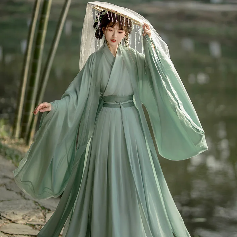 Hanfu-Camisa feminina com gola cruzada verde, manga larga, saia de fadas fluida, Chivalrys Wei Jin Wind, manga grande, verão antigo, YF04