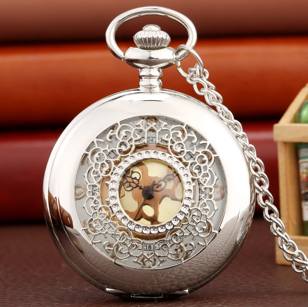 Vintage Pendant Hollow Exquisite Grilles Elegant Retro Gift Men Women Pocket Watch with Silver Quartz Necklace Chain Pocketwatch