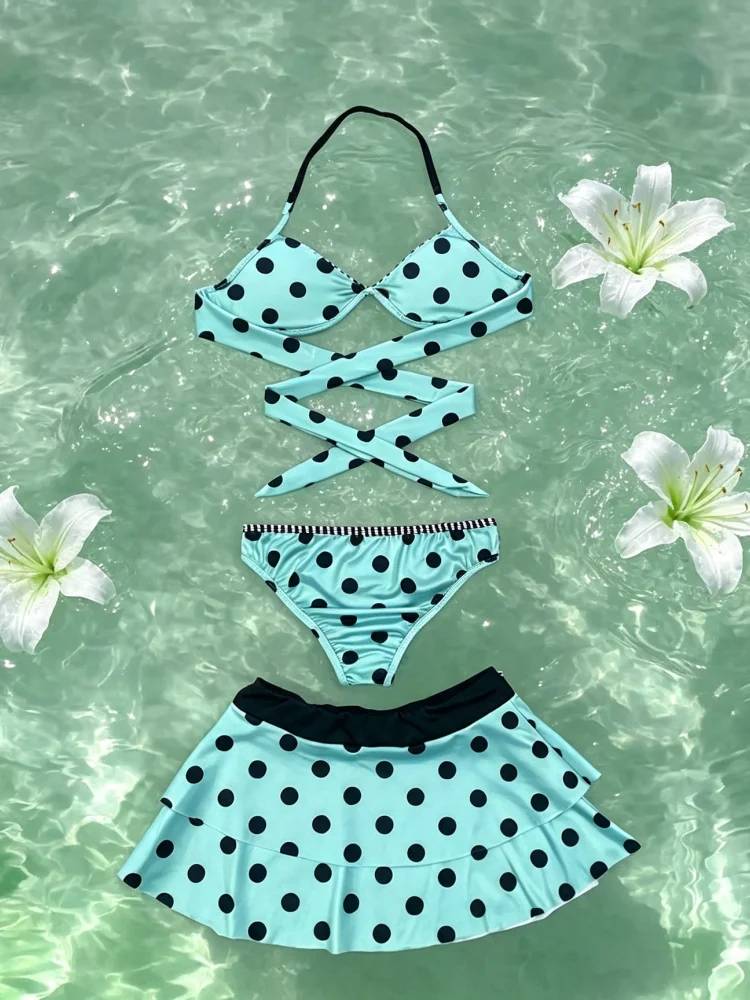 Sweet Vintage Black Dot Bikini Three Piece Swimsuit Multi Way Wrap Bathing Suit for Beach