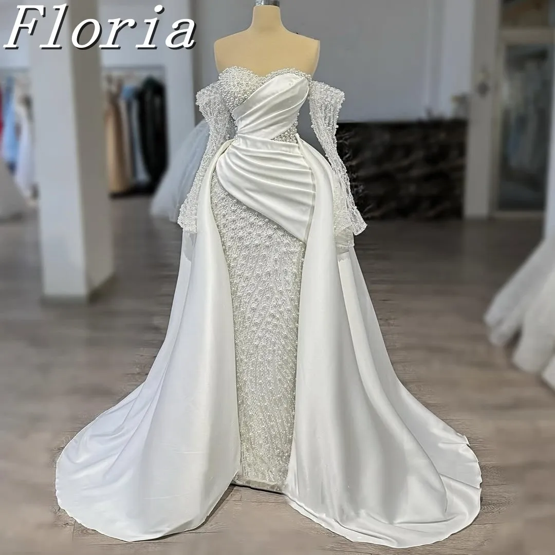 

Elegant Pearls Satin Mermaid Wedding Dress With Detachable Train Off The Shoulder Bridal Dress Customized Vestina De Novia