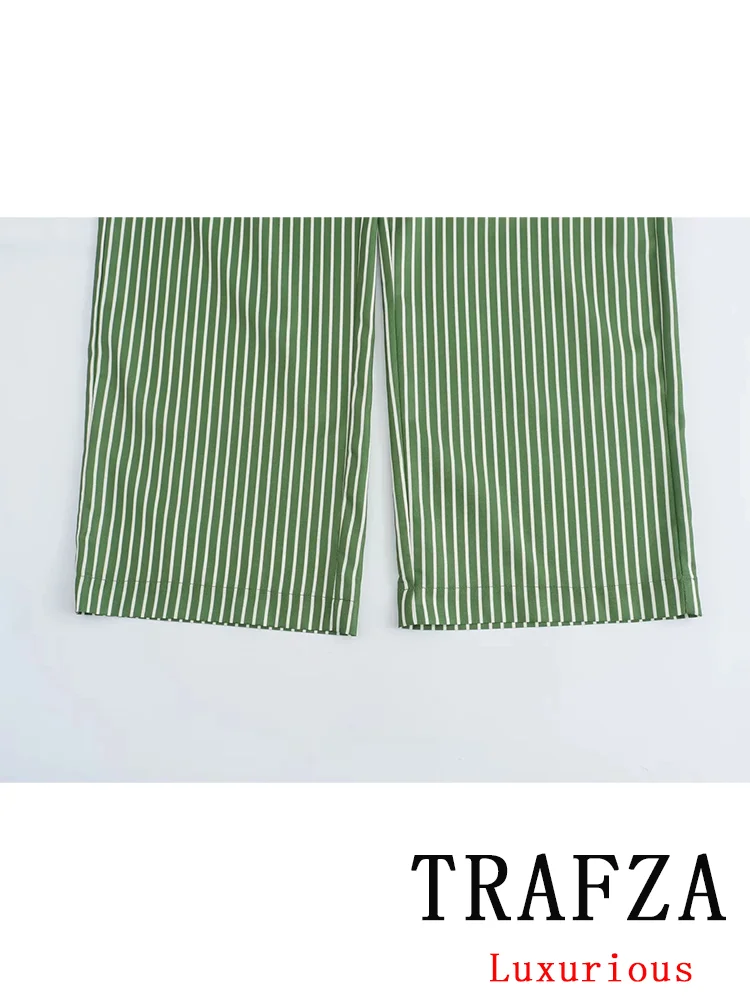 TRAFZA Vintage Casual Striped Women Suit Single Breasted Half Sleeve Shirt Loose Long Pants Chic Fashion 2024 Summer Basics Sets