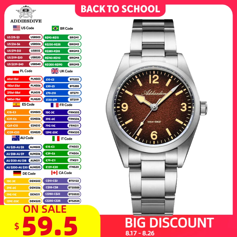 ADDIESDIVE Uhren Herren Neue 36mm Saphir Quarz Armbanduhr Japan 2035 Uhrwerk AR-Beschichtung BGW9 Leuchtend 100m Wasserdicht AD2544