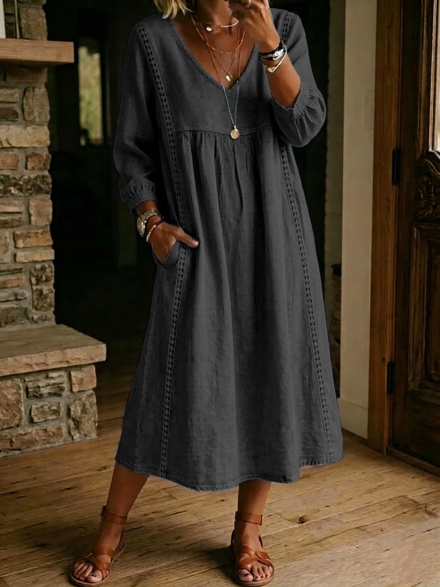Vintage Solid Color Cotton Linen Dress Women Loose Flowy Midi Dress 3/4 Sleeve V Neck Pocket Casual Daily Vacation Resort Wear L view 4