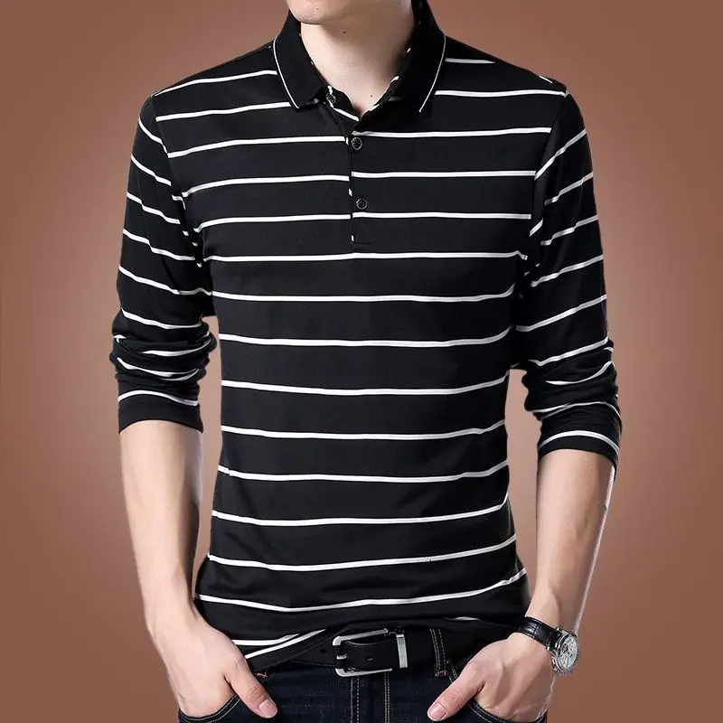 Korean High-end Pure Cotton Long Sleeved PoloT Shirt Slim Lapel Button Business Casual Black and White Striped High Elastic Top