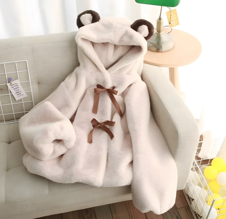 Lolita Autumn Winter Cute Thickened Imitation Fur Loose Age Reduction Hooded Short Coat Fashion Long Sleeve Playful Bow Coats