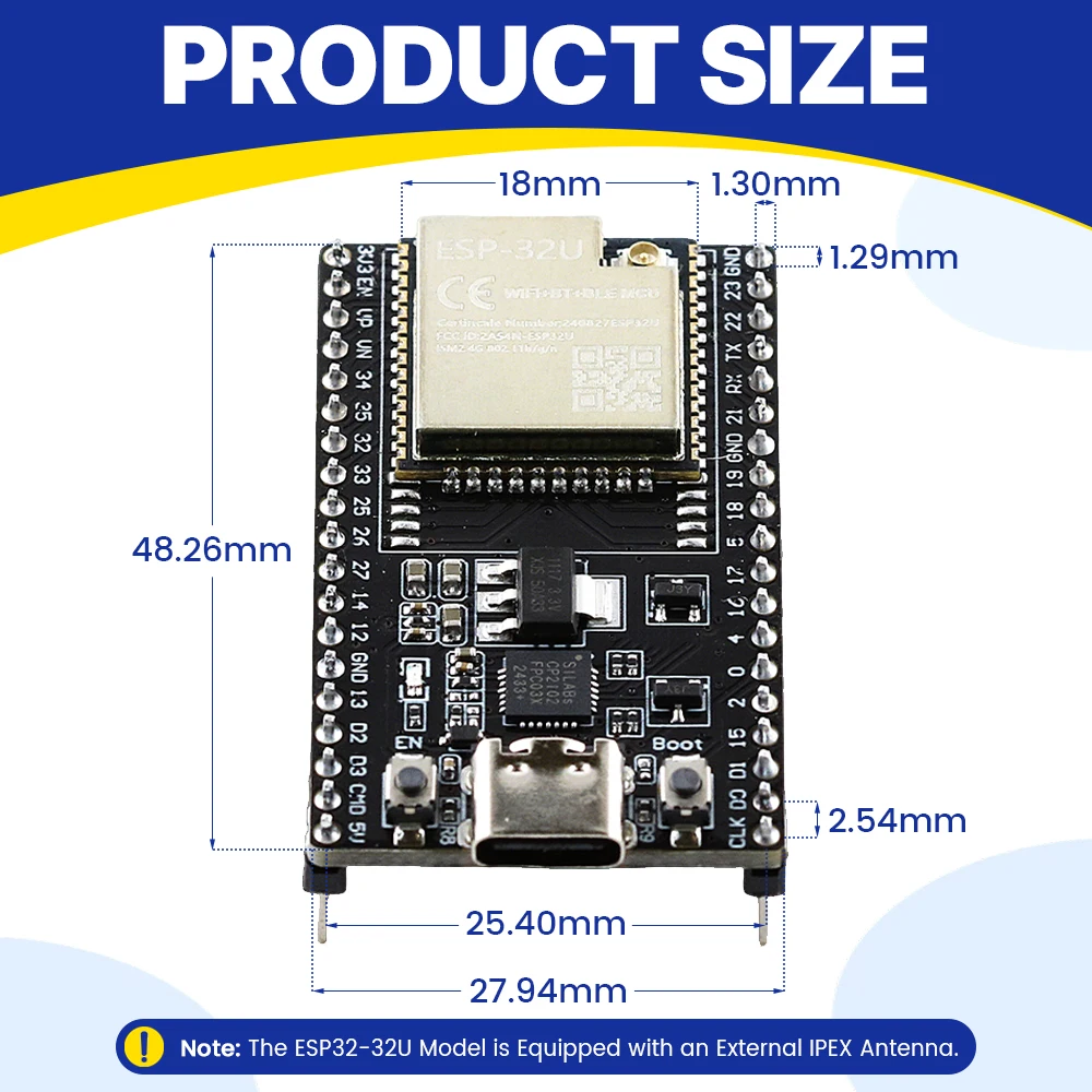 ESP3232u Entwicklungsboard mit 2,4G Antennenanschluss Erweiterungsboard-Kit ESP32-32U BT WLAN-Modul Typ-C 38PIN CP2102 ESP32-DevKitC – Detail 1