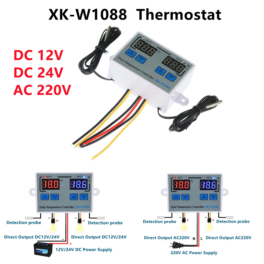 XK-W1088 Dual LED Digital Temperature Sensor Meter Controller Electric Heating Thermostat 12/24/220V  Incubator Thermoregulator