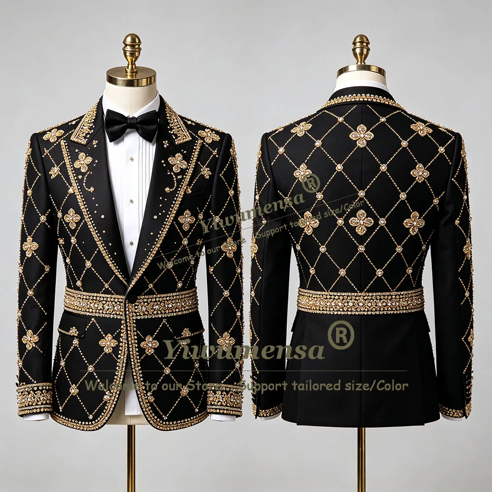Exclusive Design Men's Suit Single Breasted Jacket Pants 2 Piece Sets Gold Crystals Beading Stones Groom Prom Blazer Customized