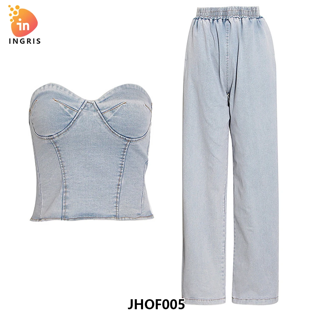 

Wholesale 2025 Summer Denim Tube Top 2 Piece Sets Jeans Two Piece Pants Set Women-JHOF005