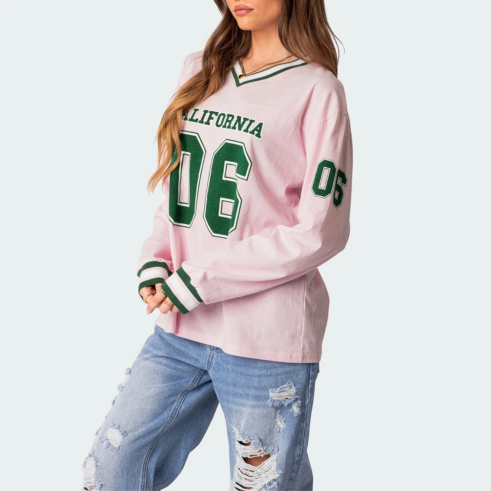 Sudadera de gran tamaño con estampado de letras y números para mujer, jersey informal de manga larga con cuello en V, moda