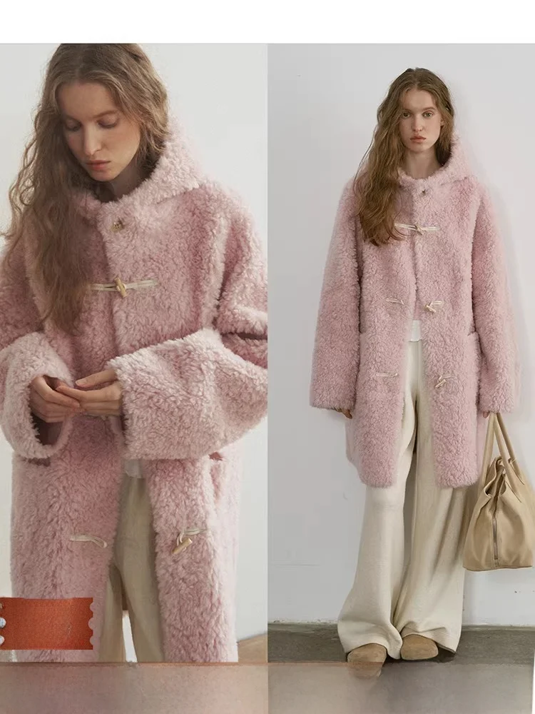 

cio Thiened Woolen Hooded Coat with Horn Buttons Pink Small Size Fluffy Outerwear Casual Loose Sle Women's Jaet